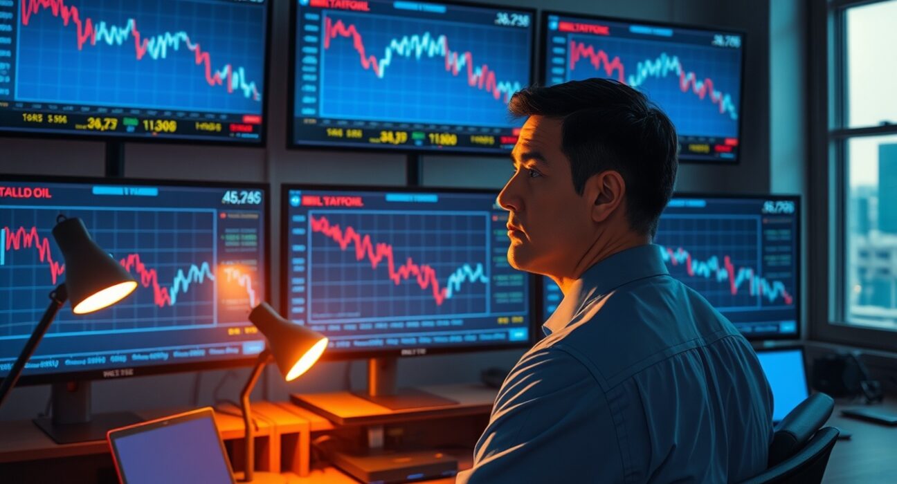 Trader analyzing WTI crude oil price charts during geopolitical negotiations affecting energy markets.