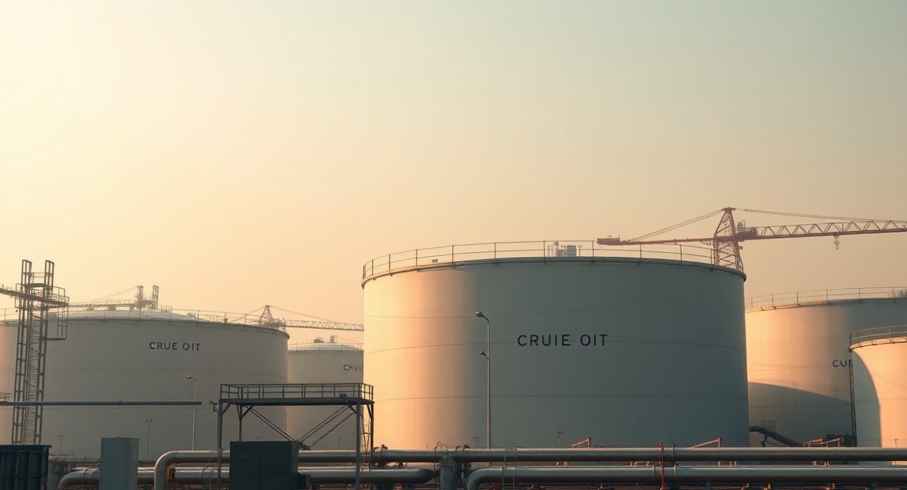 Aerial view of crude oil storage tanks at a major export terminal under a hazy sky.