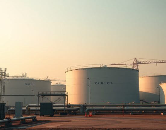 Aerial view of crude oil storage tanks at a major export terminal under a hazy sky.