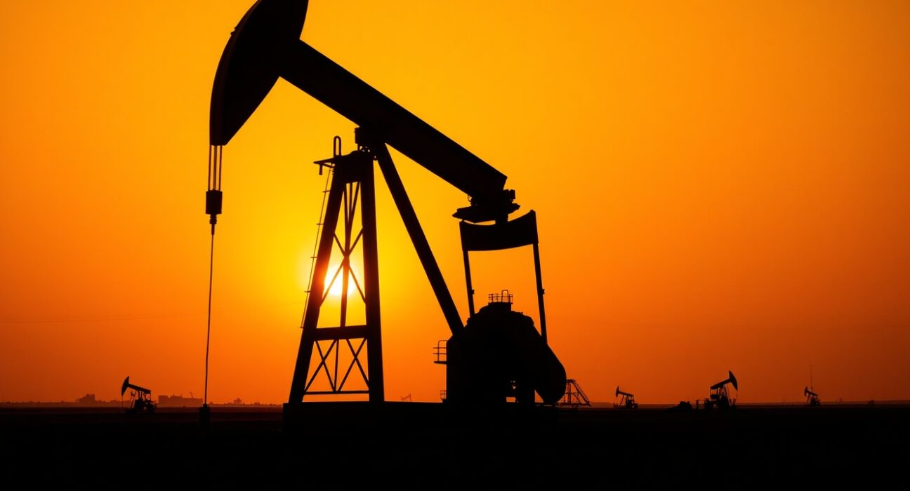Oil pumpjack in field at sunset with Middle East map overlay