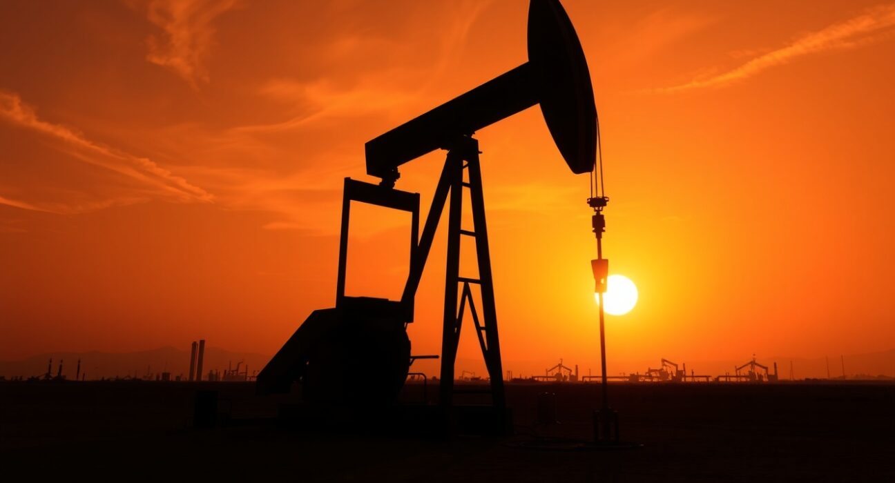 Oil pumpjack silhouetted against a sunset sky, representing WTI crude oil price movements amid economic data and geopolitical tensions.