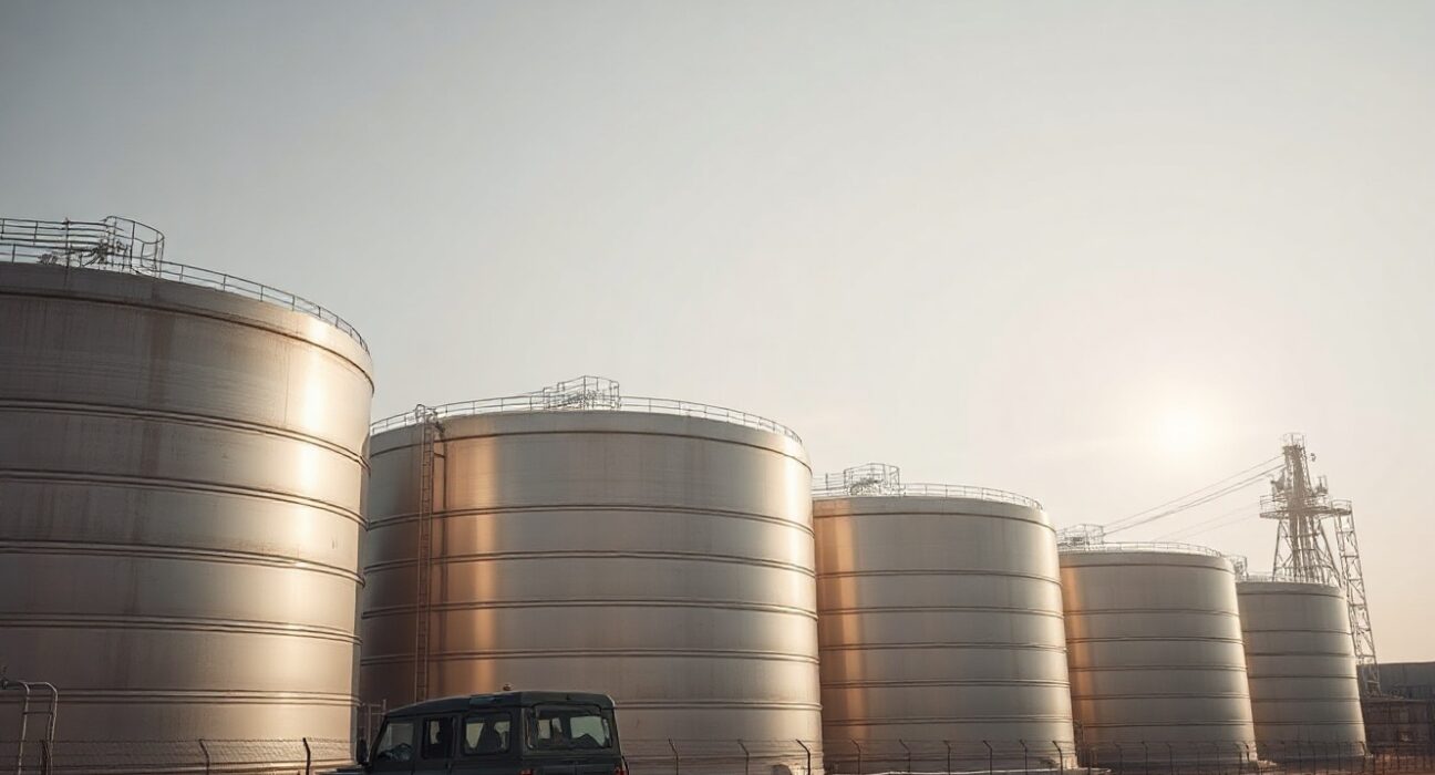 Oil storage tanks at a refinery under a cloudy sky, representing crude oil supply and geopolitical tension.