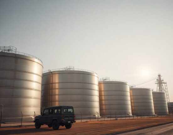 Oil storage tanks at a refinery under a cloudy sky, representing crude oil supply and geopolitical tension.