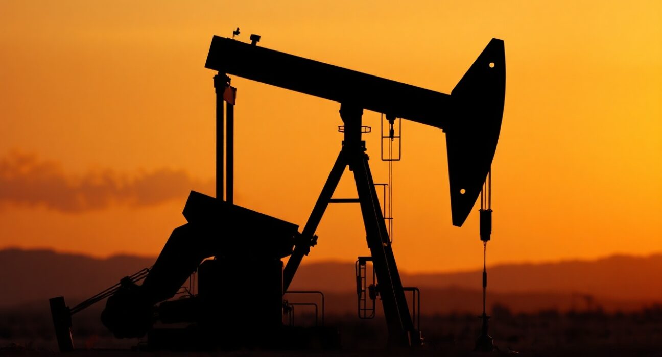 Crude oil pumpjack silhouetted against sunset sky with distant haze, representing geopolitical supply risk