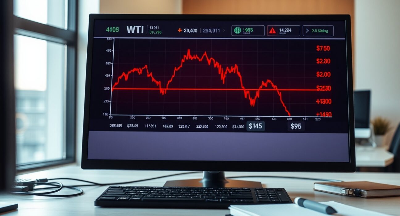 Trading desk chart showing WTI Crude Oil price decline below $95 per barrel.