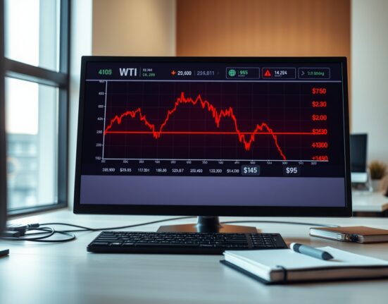 Trading desk chart showing WTI Crude Oil price decline below $95 per barrel.