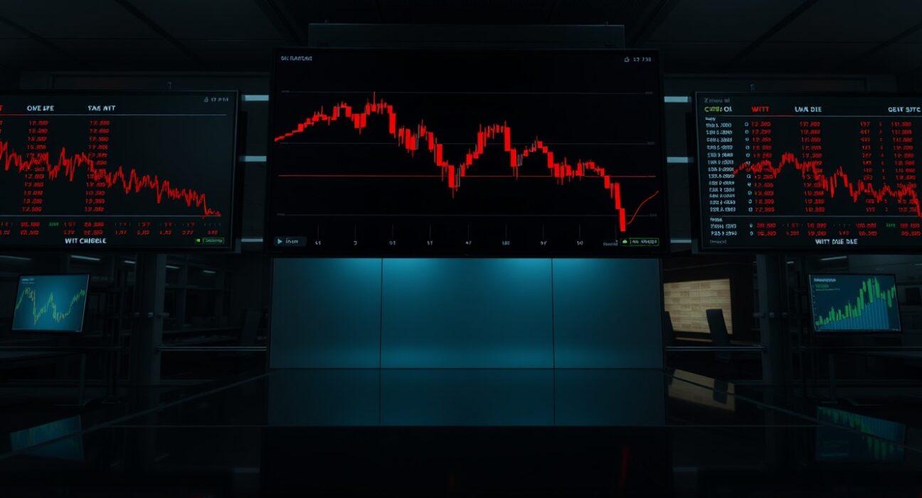 WTI crude oil price chart declining on trading screens amid US-Iran diplomatic developments