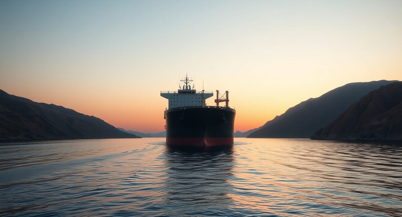 Oil tanker in the Strait of Hormuz during closure, representing WTI crude oil supply risk.