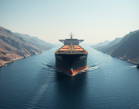 Oil tanker in the Strait of Hormuz during closure, representing WTI crude oil supply risk.