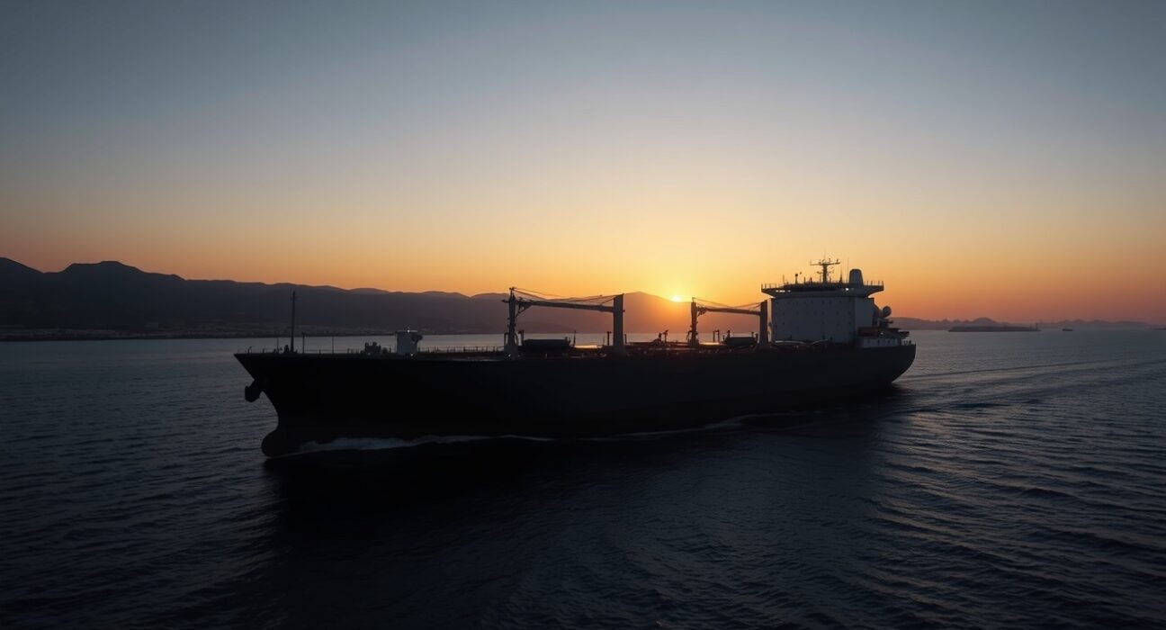 Oil tanker navigating the strategic Strait of Hormuz amid geopolitical tensions affecting WTI crude prices.