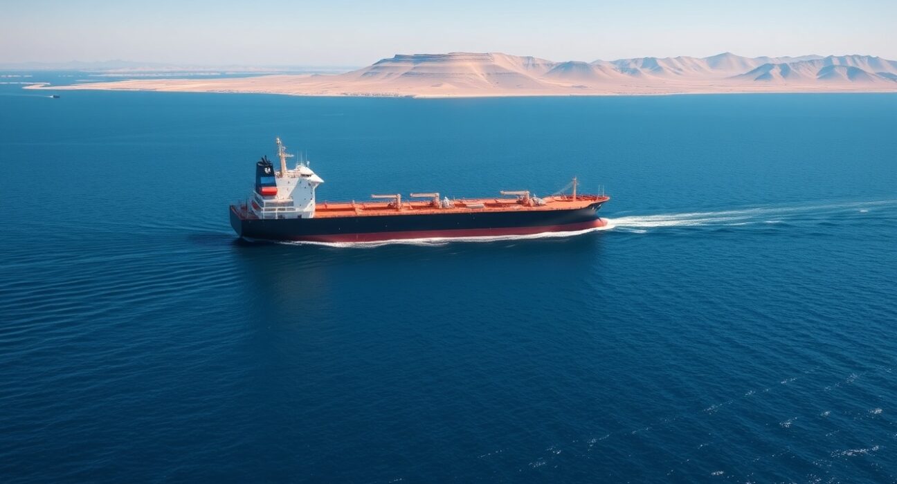 Oil tanker navigating the Strait of Hormuz during a supply disruption crisis impacting WTI crude prices.