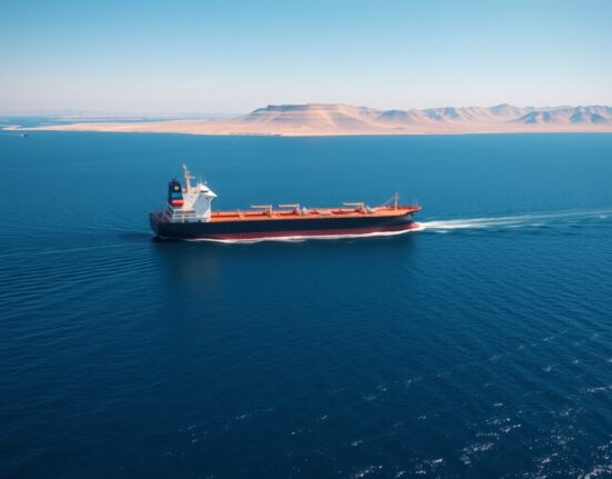 Oil tanker navigating the Strait of Hormuz during a supply disruption crisis impacting WTI crude prices.