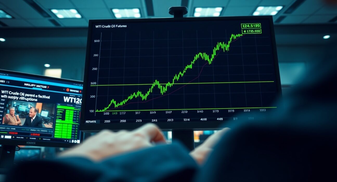 WTI Crude Oil price chart surging on trading screen amid supply concerns.