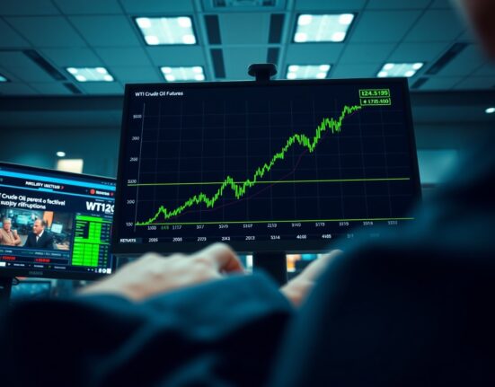 WTI Crude Oil price chart surging on trading screen amid supply concerns.