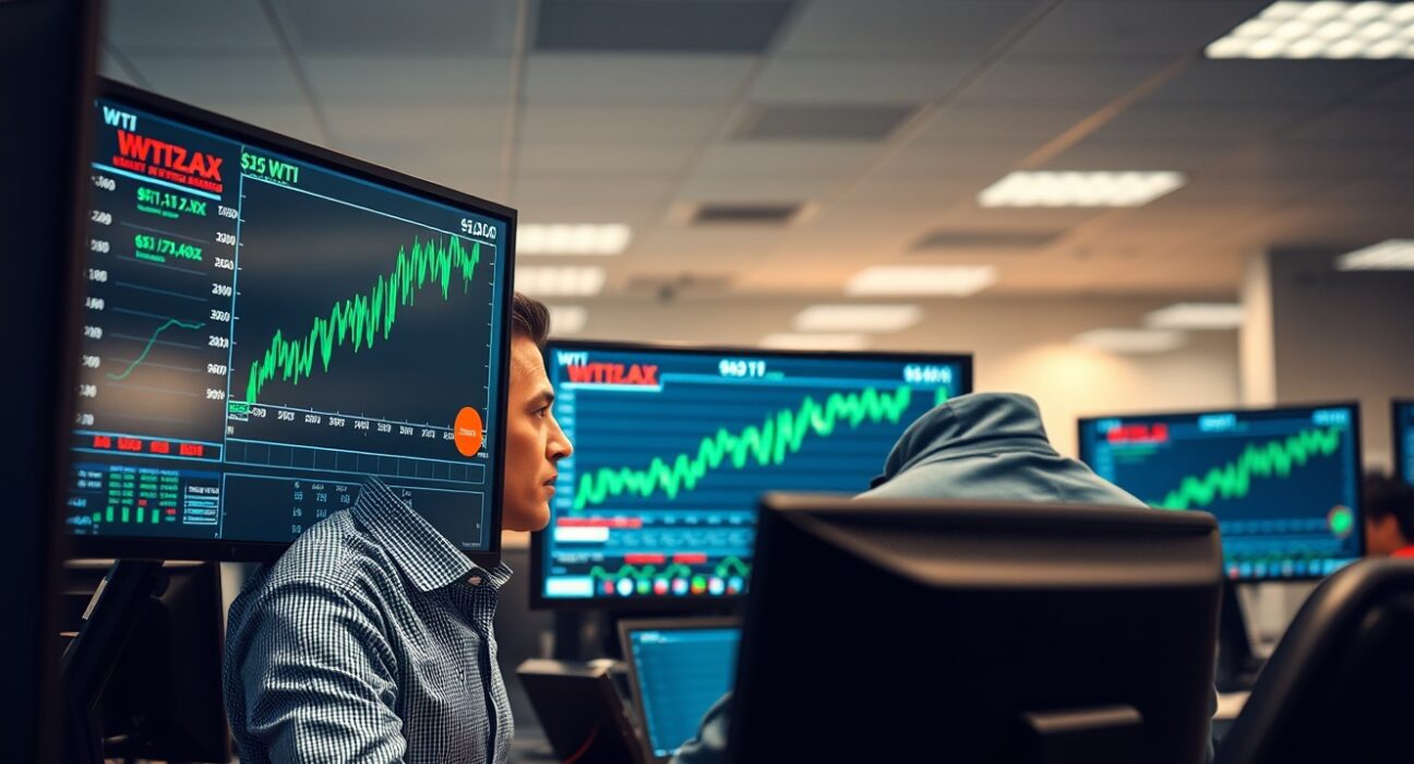 Energy trader monitors WTI crude oil price surge above $117 per barrel on trading desk screens.