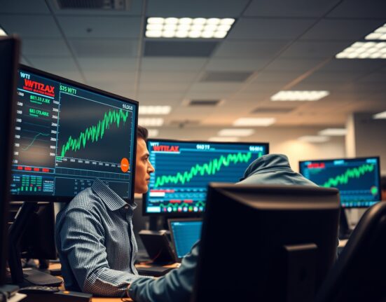 Energy trader monitors WTI crude oil price surge above $117 per barrel on trading desk screens.