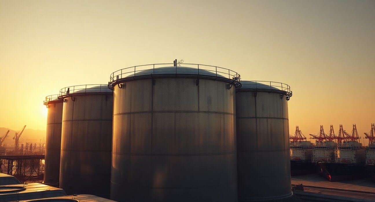 Crude oil storage tanks at a port at sunset with tanker vessels in the background