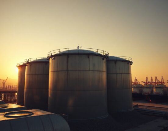 Crude oil storage tanks at a port at sunset with tanker vessels in the background