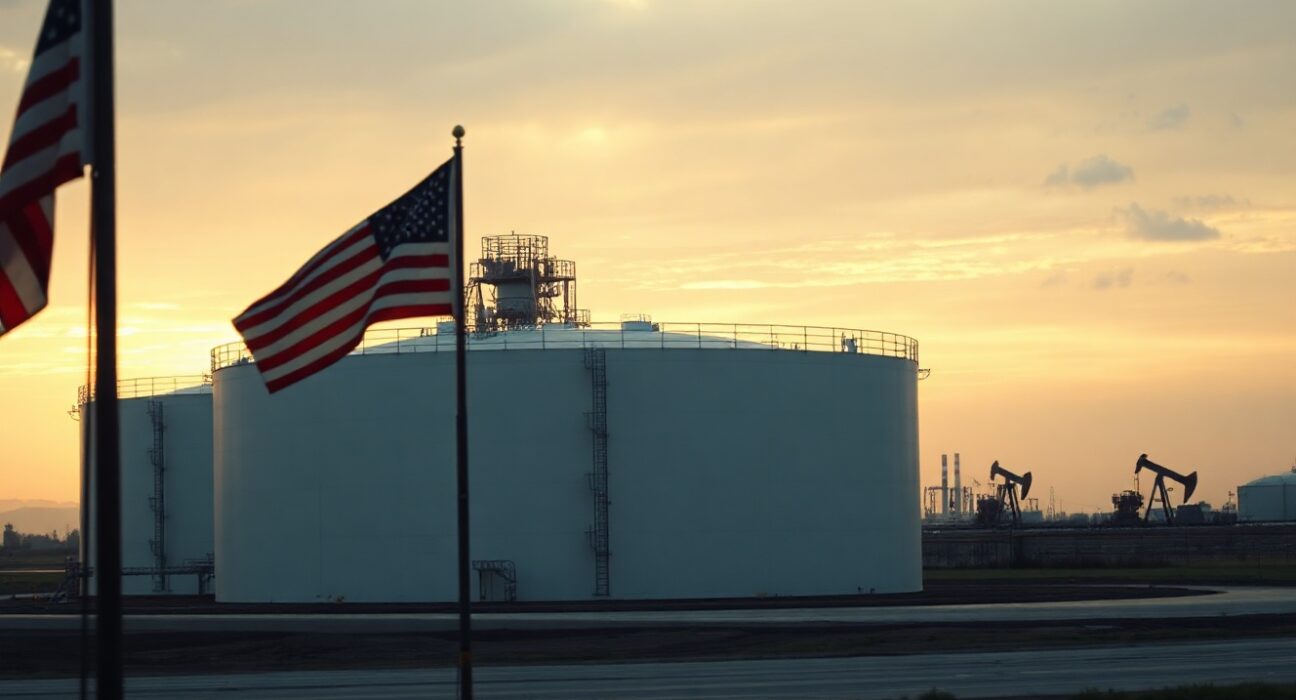 Oil storage tanks at a refinery with American flag in foreground, representing WTI crude oil market dynamics.