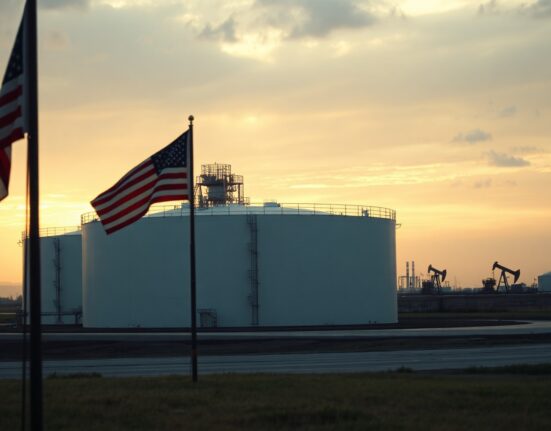 Oil storage tanks at a refinery with American flag in foreground, representing WTI crude oil market dynamics.