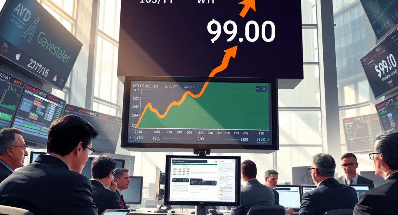WTI crude oil price surge on trading floor display after Trump's Iran comments impact markets.