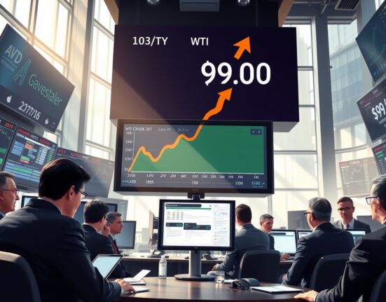 WTI crude oil price surge on trading floor display after Trump's Iran comments impact markets.
