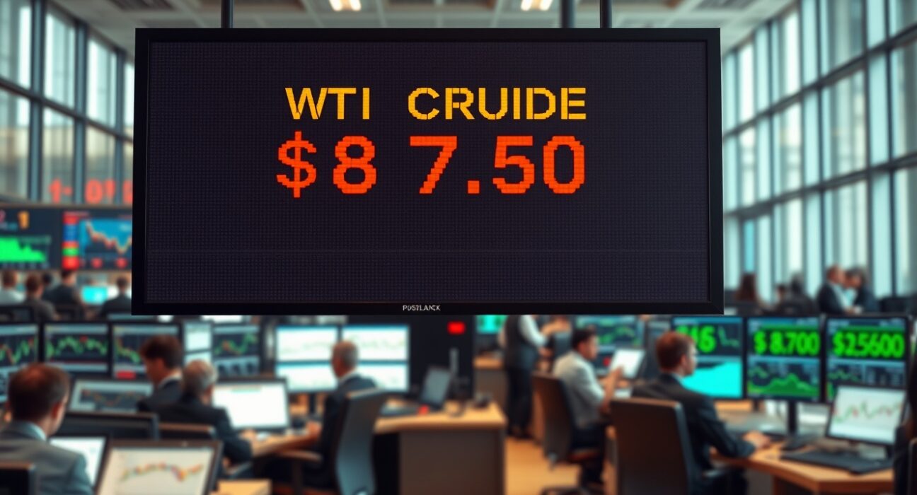 WTI crude oil price displayed on a trading floor monitor during geopolitical negotiations.