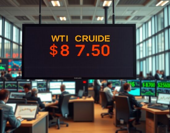WTI crude oil price displayed on a trading floor monitor during geopolitical negotiations.