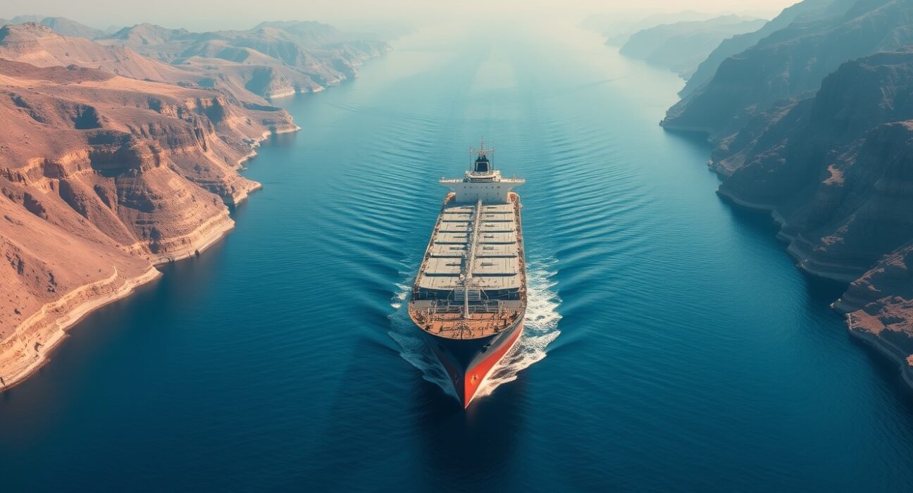 Oil tanker navigating the strategic Strait of Hormuz, a key chokepoint for global crude oil supply.