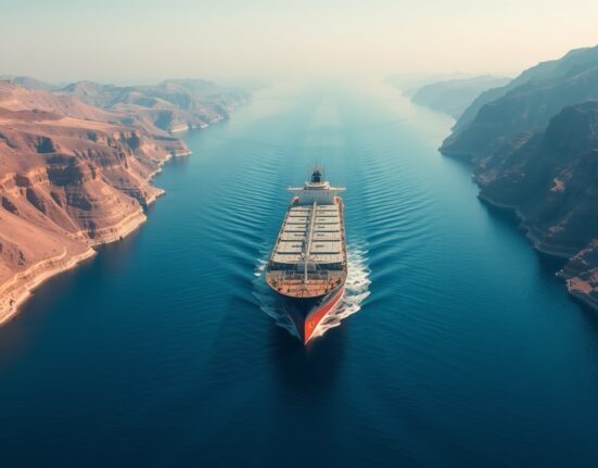 Oil tanker navigating the strategic Strait of Hormuz, a key chokepoint for global crude oil supply.