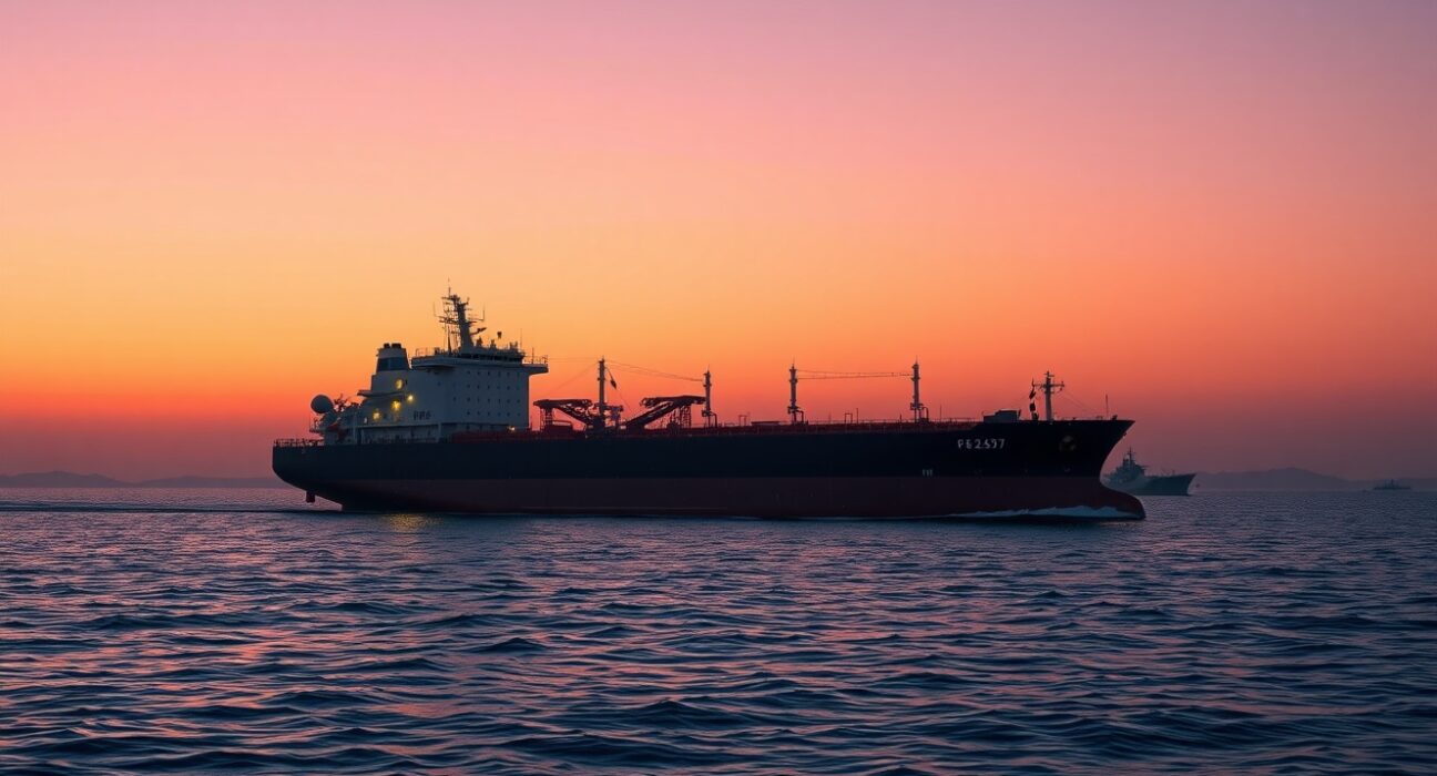 Oil tanker with US Navy escort in Strait of Hormuz amid geopolitical tensions affecting WTI crude prices