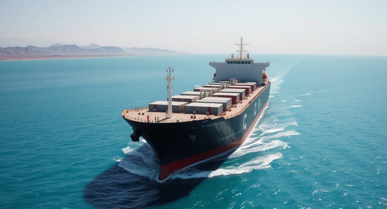 Oil tanker navigating the Strait of Hormuz amid US-Iran geopolitical tensions