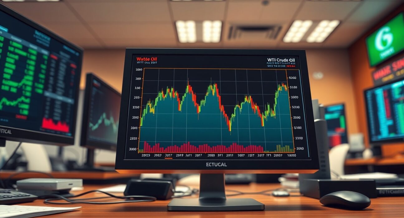 WTI crude oil price chart showing extreme volatility on trading terminal amid market uncertainty