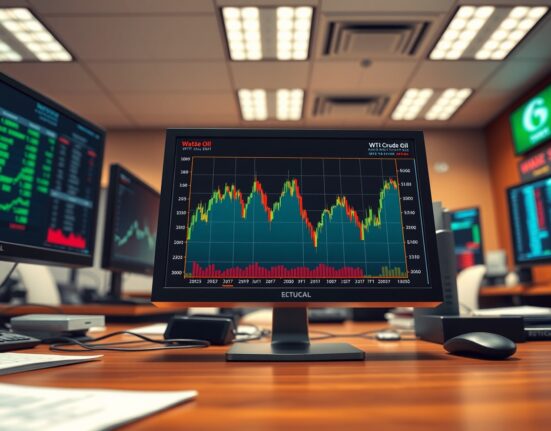 WTI crude oil price chart showing extreme volatility on trading terminal amid market uncertainty