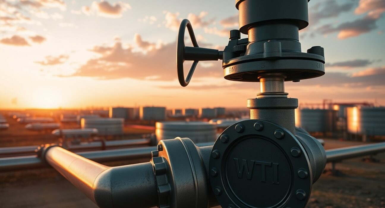 WTI crude oil storage tanks and pipeline valve at sunset in Cushing, Oklahoma