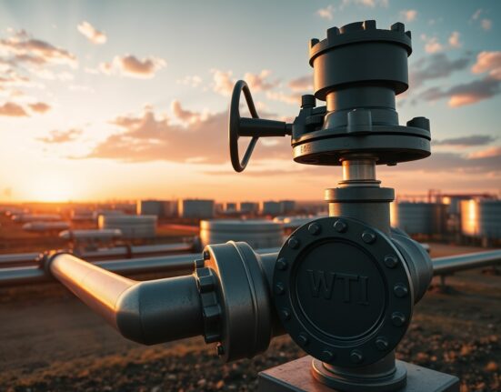 WTI crude oil storage tanks and pipeline valve at sunset in Cushing, Oklahoma