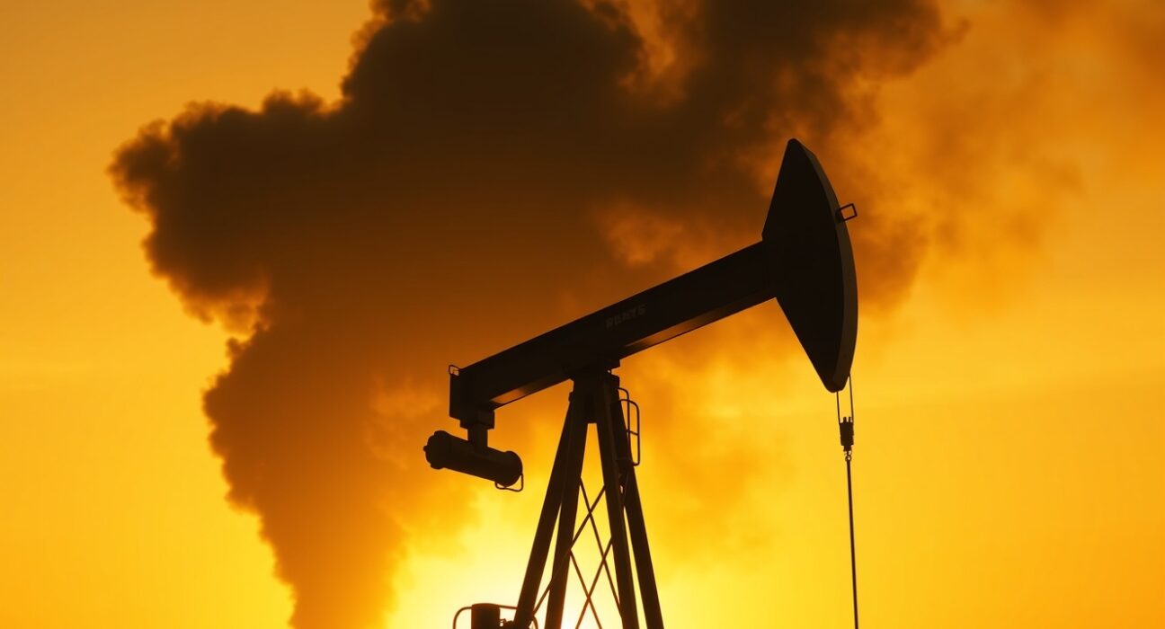 Crude oil pumpjack silhouette against smoky sunset sky representing geopolitical supply risk