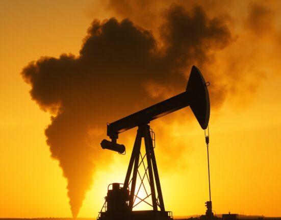 Crude oil pumpjack silhouette against smoky sunset sky representing geopolitical supply risk
