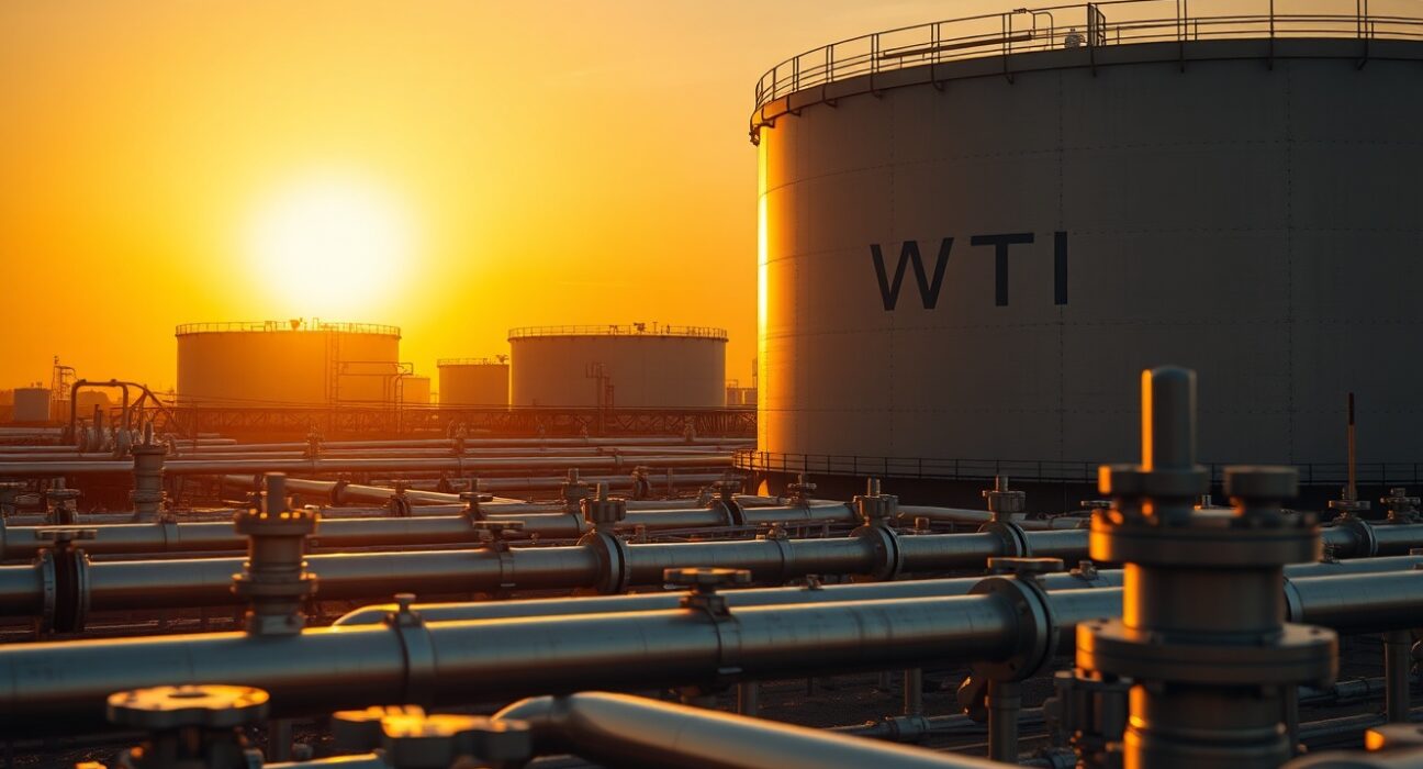 WTI crude oil storage tanks at sunset, representing oil supply and price dynamics