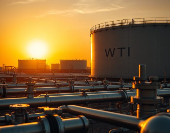WTI crude oil storage tanks at sunset, representing oil supply and price dynamics