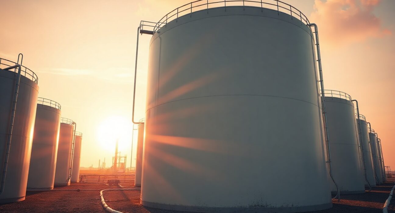 Oil storage tanks at sunset representing WTI crude price rebound