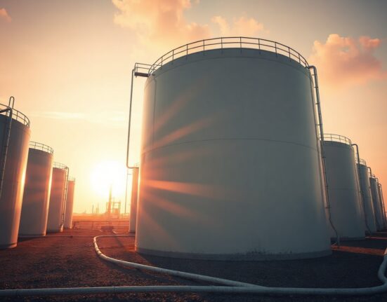Oil storage tanks at sunset representing WTI crude price rebound