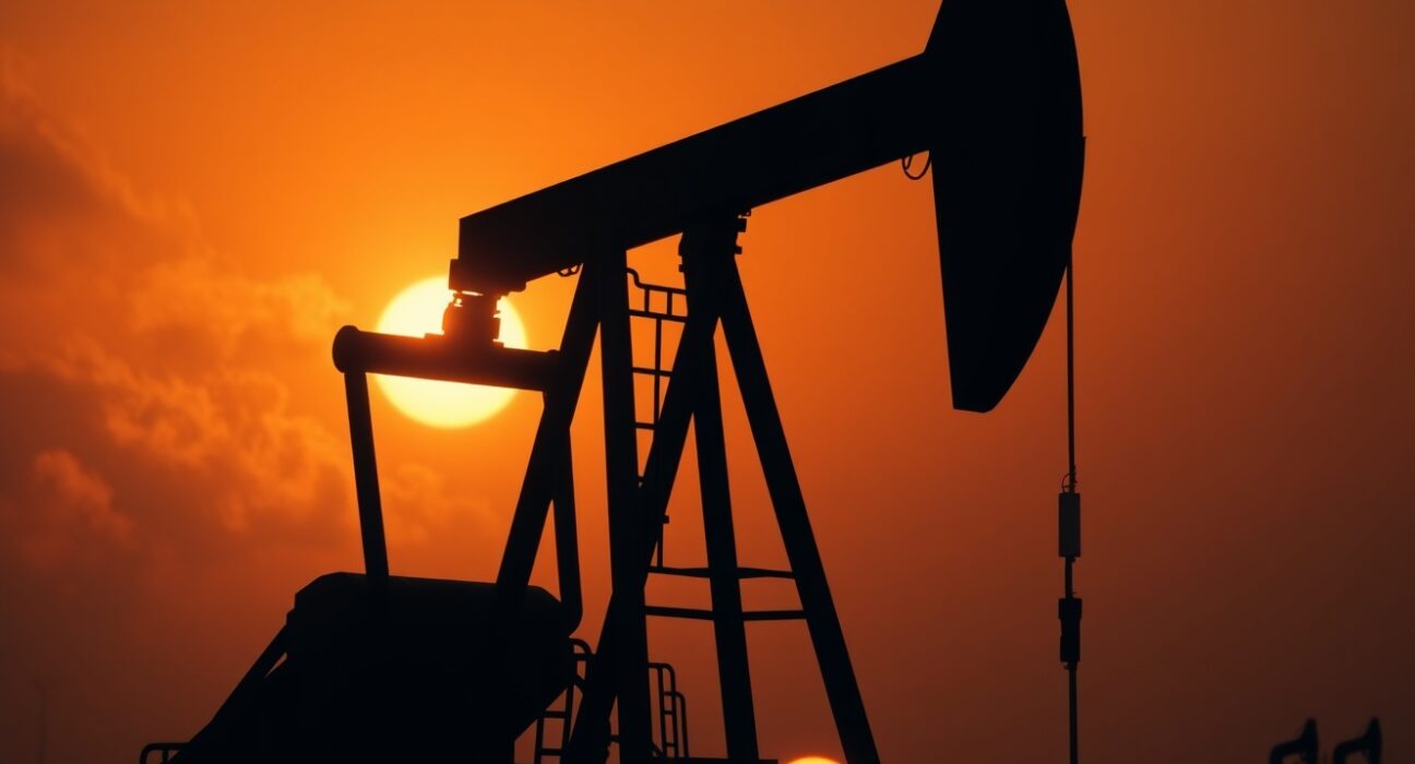 Oil pumpjack silhouetted against a sunset sky, representing crude oil price volatility amid geopolitical tensions.