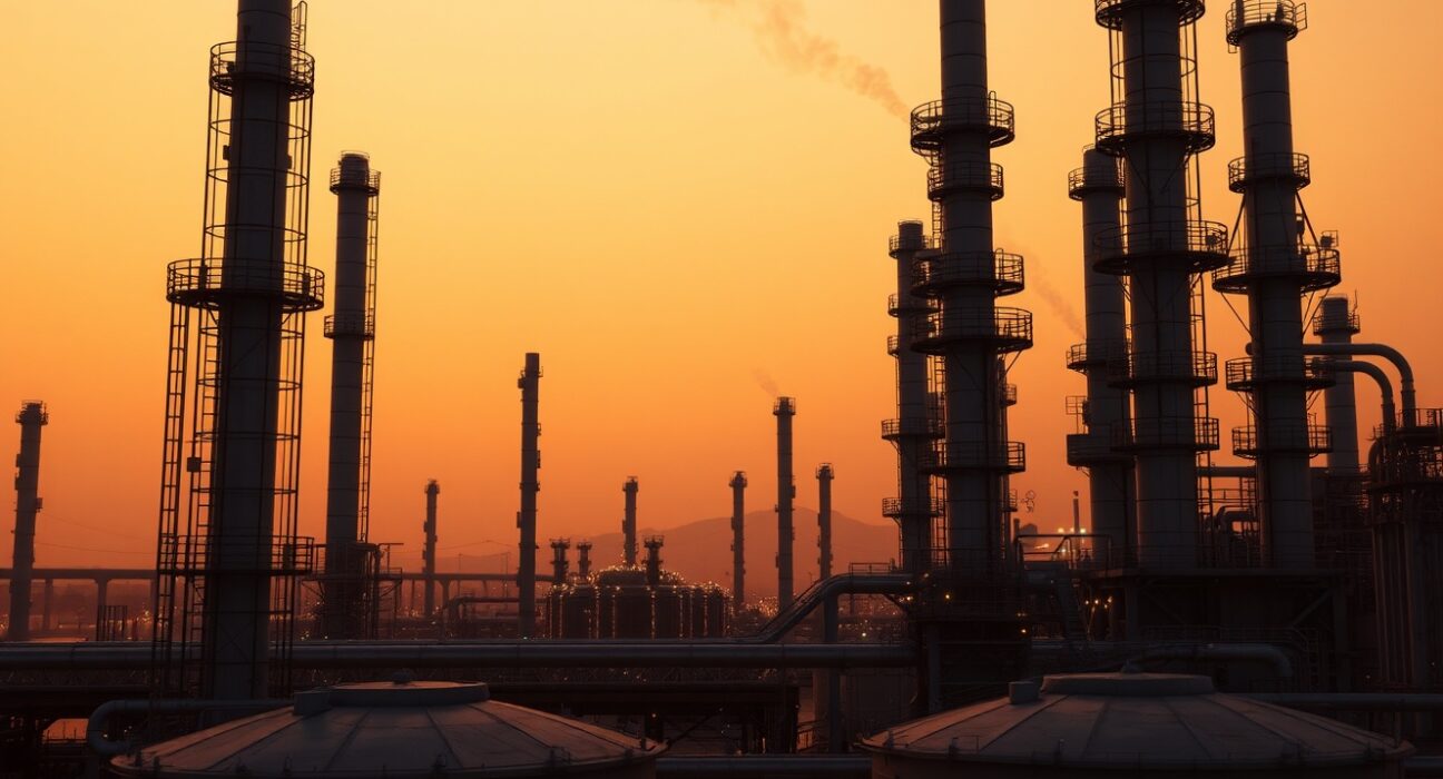 Oil refinery at dusk with distant smoke on the horizon indicating geopolitical tensions