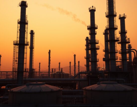 Oil refinery at dusk with distant smoke on the horizon indicating geopolitical tensions
