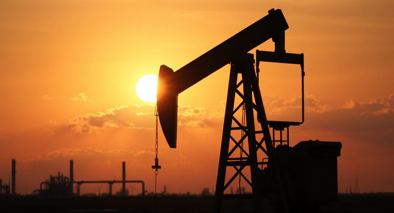 Oil pump jack at sunset, representing WTI crude supply and geopolitical risks