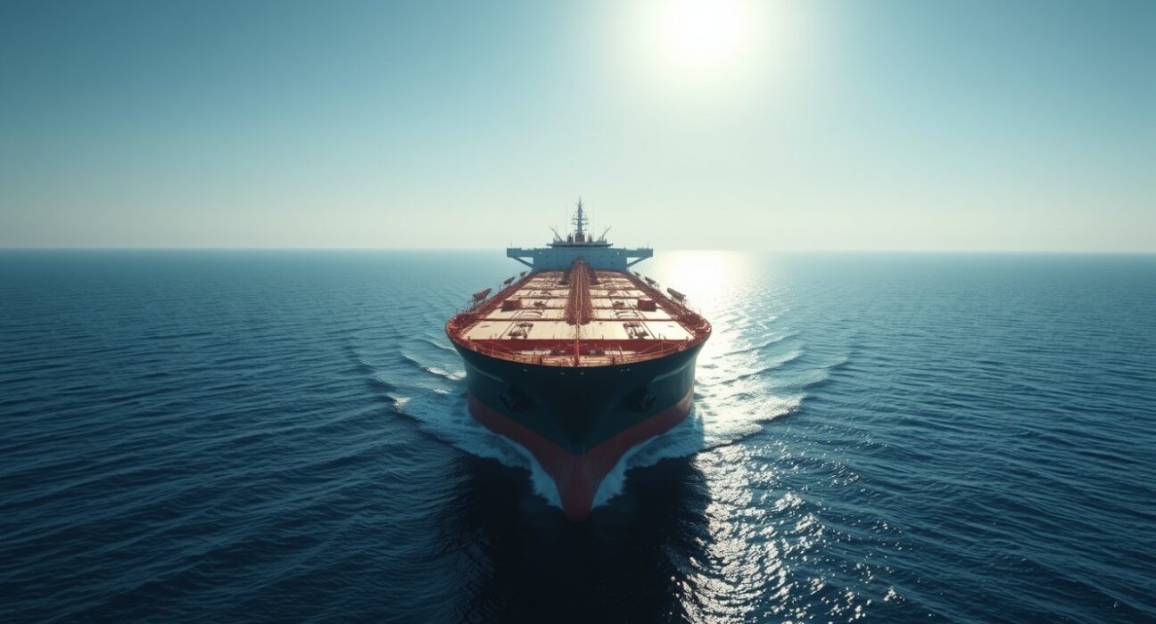 A large oil tanker navigates the Strait of Hormuz, a key oil transit chokepoint.