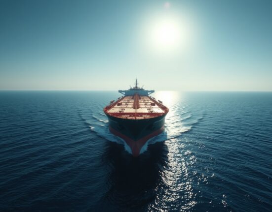 A large oil tanker navigates the Strait of Hormuz, a key oil transit chokepoint.
