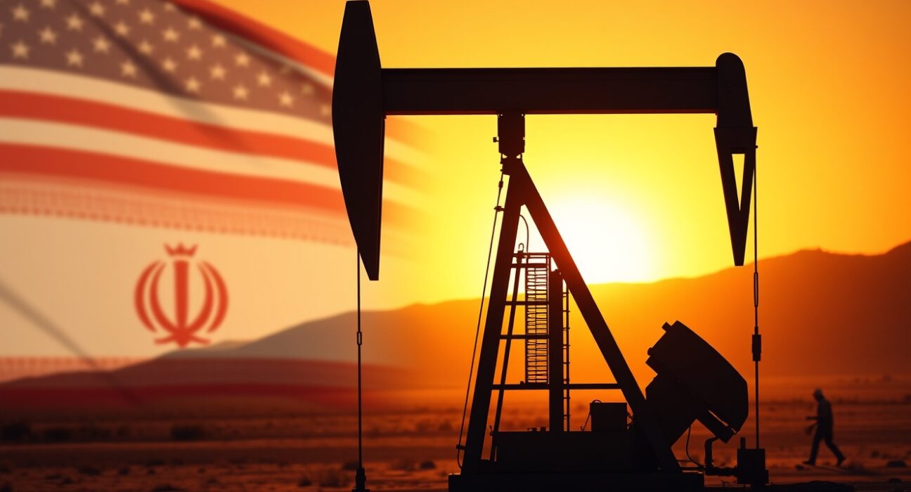 Oil pumpjack in desert landscape with US and Iran flags in background representing geopolitical oil market tensions
