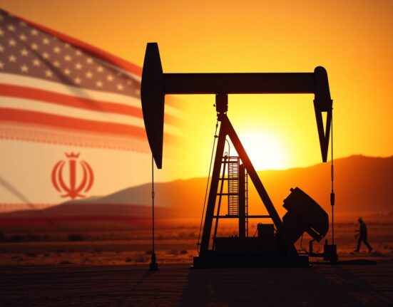 Oil pumpjack in desert landscape with US and Iran flags in background representing geopolitical oil market tensions